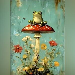 Whimsical Frog on Mushroom Flowers Enchanted Forest Nature Canvas Print Poster